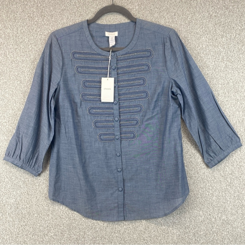 Chicos Beaded Front Button Up Shirt Size 0 (S) 3/4 Sleeve Chambray Blue